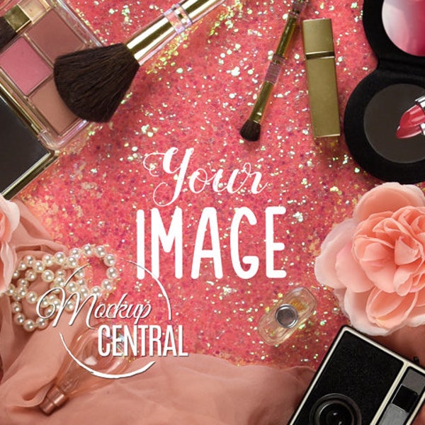 Blank Top View Beauty, Cosmetic Stock Flat Lay Photography - Sparkle Pink Background with Makeup - Blog Mockup Image - Photo Mock Up - JPG