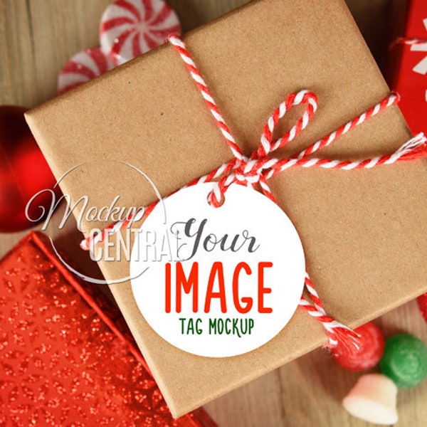 Instant Download Christmas Present Gift Tag Card Mockup Design, Present Background for Tag Display Photo, Stock Photo Mock Up Template