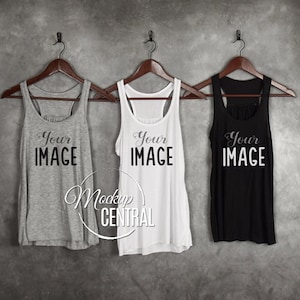 Tank Top Mockup, Blank Bella Canvas Apparel Mock up, White, Black and Gray Shirts on Hanger, Fashion Photography, JPG Shirt Background