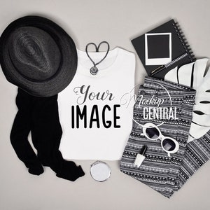 Woman's Fashion T-Shirt Apparel Mockup, Cool Hipster, Fashion JPG Styled Stock Photography, Flat Lay Mock Up Shirt, Top View