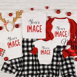 Christmas Family T-Shirt Mockup Photo, Blank White Styled Stock Photography, Christmas Mock Up Shirts, Top View Flat Lay, JPG Template