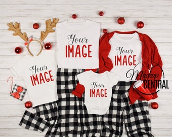 Christmas Family T-Shirt Mockup Photo, Blank White Styled Stock Photography, Christmas Mock Up Shirts, Top View Flat Lay, JPG Template