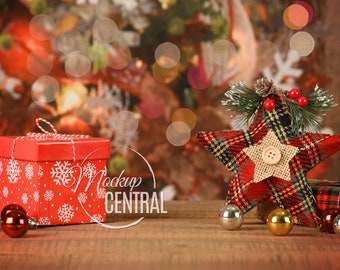 Vakantie kerst tabel topproduct Mockup fotoachtergrond, gestyled stockfotografie, houten tafel Mock Up, Instant JPG downloaden