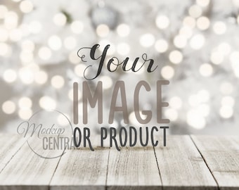 Blank White Christmas Table Product Background Mockup - Styled Stock Photography, Winter Photo Graphic Design Mock Up, JPG Digital Download