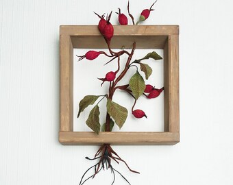 Dog Rose plant, Boho decor, Framed botanical art, Floral decor, 3D wall art, Vertical Garden wall decor, Faux Plant wall hanging, Wall art