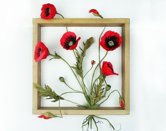 Poppy wall art, Poppy flower art, Framed botanical art, Flower decor, 3D wall art, Vertical Garden, Faux Plant wall hanging, Poppy gift