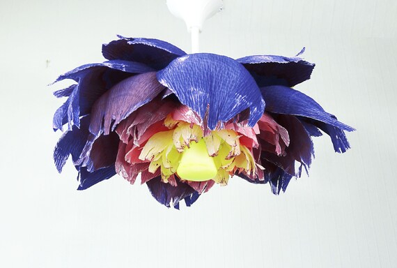 Indigo & Pink Rose lamp, Flower pendant light, Boho lamp, Paper floral light, Floral light fixture, Flower lamp, Paper lamp, Nursery lamp