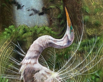 Great Egret Print, Acrylic Painting, Matted Fine Art (8x10)