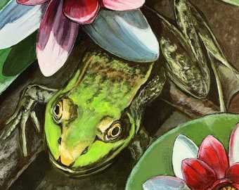 Frog and Lily Pads Acrylic painting, Giclée Archival 8x10 print, double matted to 11x14