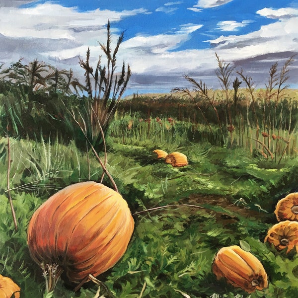 Pumpkin Patch Acrylic Painting Matted Print, Autumn on Farm, Archival Print