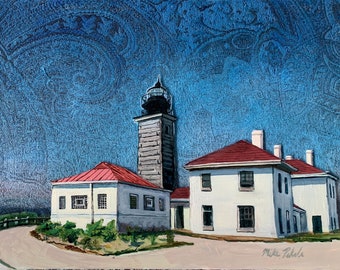 Beavertail Lighthouse Painting, Jamestown, RI, Acrylics on Upholstery Fabric, 8x10 luster print matted to 11x14