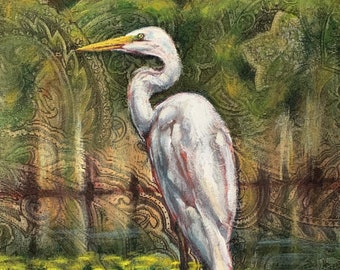 Great Egret, Acrylic on Stretched Upholstery Fabric, 8x10 print matted to 11x14