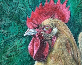 The Rooster, Acrylic on Stretched Upholstery Fabric, 8x10 print matted to 11x14