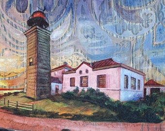 Beavertail Lighthouse Painting, Jamestown, RI, Acrylics on Upholstery Fabric, 8x10 luster print matted to 11x14
