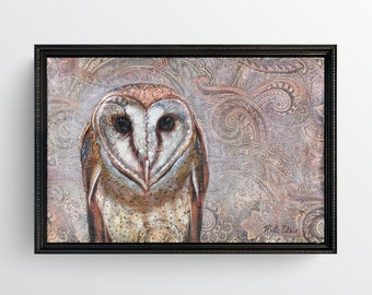 Barn Owl painting, An Owl Named Love, Unique Acrylic Painting on Fabric, original painting, 26in x 18in, framed, wired and ready to hang