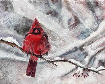 Cardinal in Snow, Red One, Luster Print, 8x10 Print, Double Matted to 11x14
