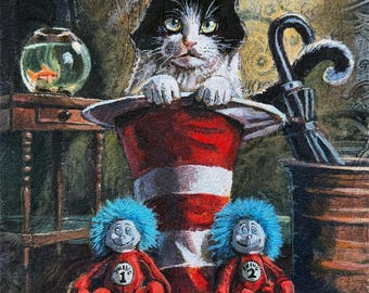 The Cat in the Hat,  Fine Art Luster Print of Painting, 8x10 print double matted to 11x14