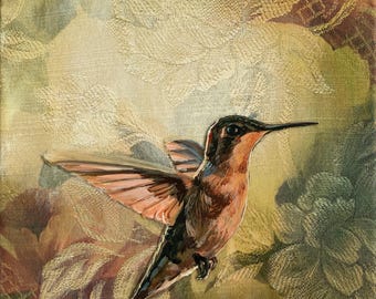 Hummingbird Sunset Print: Acrylic Painting on Upholstery Fabric (8x10 Matted to 11x14)