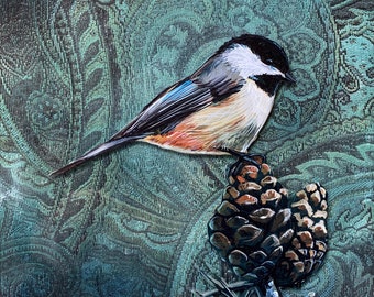 Chickadee and Pinecones Art Print: Matted 11x14 Wall Decor