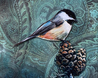 Chickadee and Pinecones Painting, Acrylic on Stretched Upholstery Fabric and Clear Acrylic Substrate, 8x10 print double matted to 11x14