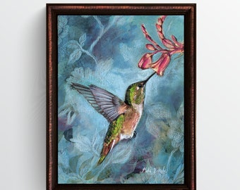 Hummingbird with flowers #9 Original Painting, Acrylic paint on upholstery fabric, 14"x18", homemade and hand-painted frame, ready to hang