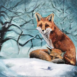 Foxes in snowy scene, winter, warmth, Acrylic on Canvas, Archival print, 8x10 print matted to 11x14