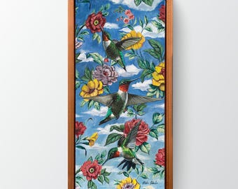 Ruby-Throated Hummingbirds Painting, Original Acrylics on Fabric, Framed Floral Art