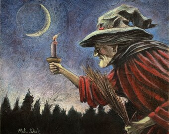 Salem Witch Art Print: "Something in the Night" Acrylic Illustration (8x10 Matted to 11x14)