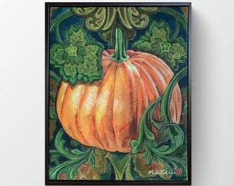 Original Acrylic Pumpkin Painting on Upholstery Fabric, 11x14 framed to 12x15, Autumn, Fall, Framed and ready to hang
