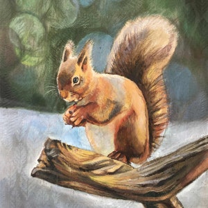 Red Squirrel on branch, Acrylic on upholstery fabric, Archival print