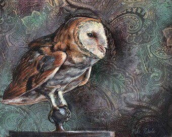 Barn Owl painting, A Forward gaze, Unique Acrylic Painting on Fabric, Luster Print, Matted in a white mat, 11in x 14in