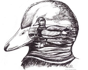The Duck, Pen and ink drawing, illustration, 8x10 print, archival, black and white print