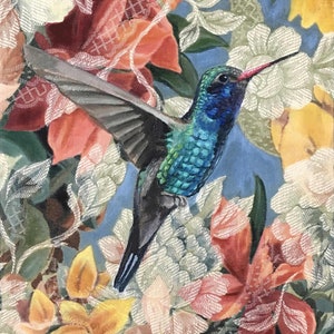 Hummingbird with flowers, Painting, Acrylic on upholstery fabric, Luster 8x10 print matted to 11x14