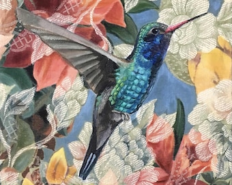 Hummingbird with flowers, Painting, Acrylic on upholstery fabric, Luster 8x10 print matted to 11x14
