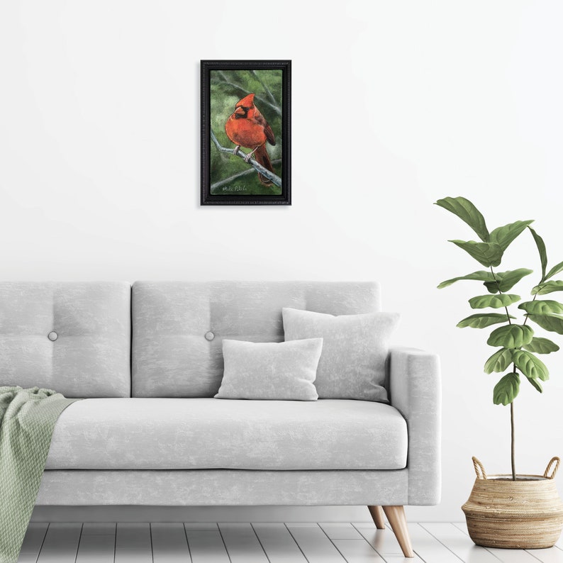 Original Acrylic painting of Rory the Cardinal on upholstery fabric, 8in x14in , Framed to 10in x 15in, Wired and Ready to hang image 6