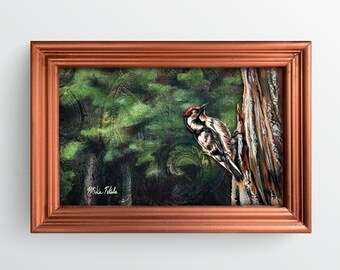 Woodpecker Acrylic Painting on Upholstery Fabric and Acrylic Glass, Metallic Copper Painted Frame