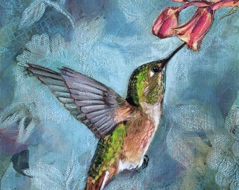 Hummingbird with flowers #9, Painting, Acrylic on upholstery fabric, Luster 8x10 print matted to 11x14