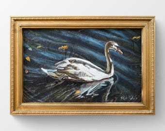 Swan Painting: Acrylic on Upholstery Fabric, Framed Waterscape Art