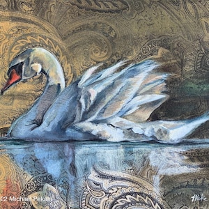 The Swan Painting, Acrylic on Stretched Upholstery Fabric, 8x10 print double matted to 11x14