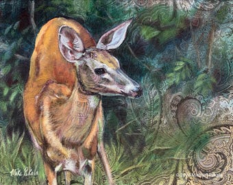 Doe in Forest Luster Print: Acrylic on Upholstery Fabric (8x10 matted to 11x14)
