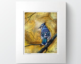 Autumn Blue Jay Print: Acrylic Painting, Matted 11x14