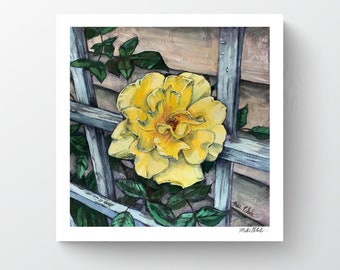 Yellow Rose, Acrylic on Upholstery Fabric, 7"x7" Luster Print