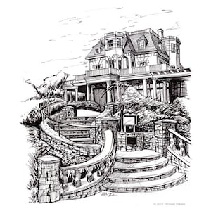 The Chanler, Pen and ink drawing, 8x10 print, mansion on the Cliff Walk in Newport, RI, black and white print