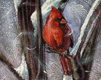 Cardinal in Winter Painting, Winter Cardinal, Acrylic on Fabric, Luster 8x10 print matted to 11x14