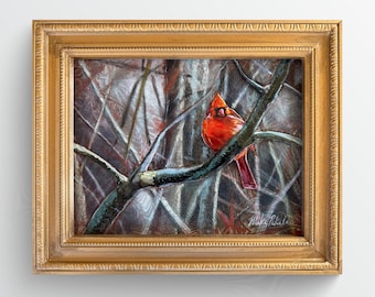 Original Cardinal Acrylic Painting on Fabric and Clay, Framed in Gold (17x14)