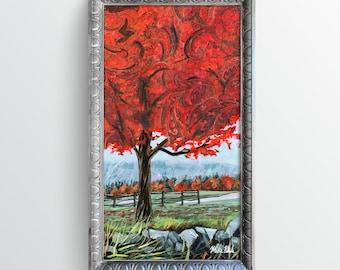 Red Autumn Tree Painting, Acrylic on Fabric and Acrylic Glass, Framed Landscape (12.75x22)
