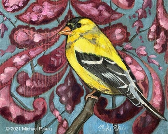 The Goldfinch Painting, Acrylic on Stretched Upholstery Fabric, 8x10 print double matted to 11x14