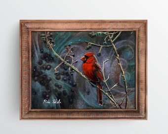 Framed Cardinal Acrylic Painting on Fabric and Arylic Glass, Original Bird Art (13.75in x10.75in)