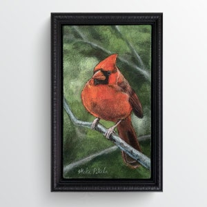 Original Acrylic painting of Rory the Cardinal on upholstery fabric, 8in x14in , Framed to 10in x 15in, Wired and Ready to hang image 1
