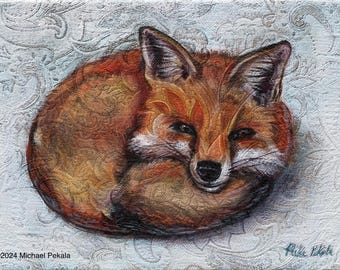 Fire Fox Print: Cuddly Fox in Snow, Acrylic on Canvas (8x10 matted to 11x14)